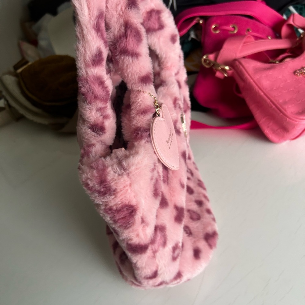 Y2K Juicy Couture Warm Up Mini Tote Pink Leopard Faux Fur Print Glam Bag - Picture 6 of 8